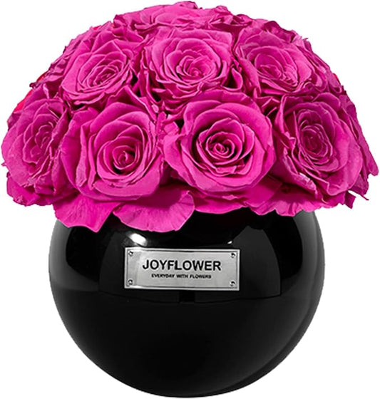 JoyFlower Preserved Flowers Vase Glass Decor, Eternal Flower Vases for Centerpieces, Forever Flower Decorations for Party Home Wedding Table Living Room Bedroom, Black Glass Vase House Decor(Fuchsia)