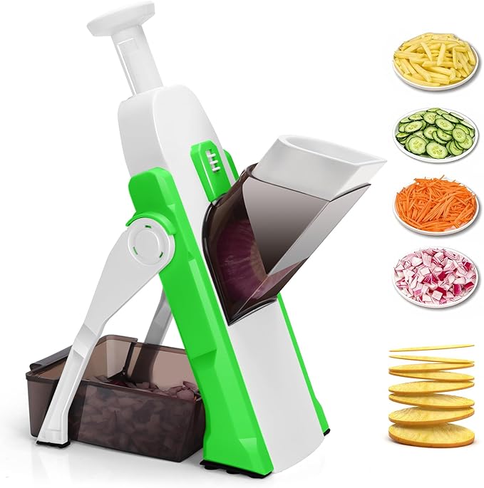 Safe Mandoline Slicer for Kitchen, Multi Vegetable Slicer & Chopper with 4 Modes & 8 Thickness Adjuster, Mandolin Slicer with Cleaning Brush for Potato, Onion (Forest Green)