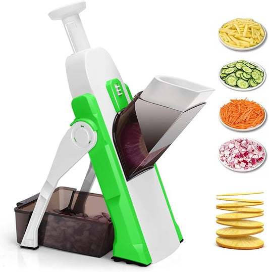 Safe Mandoline Slicer for Kitchen, Multi Vegetable Slicer & Chopper with 4 Modes & 8 Thickness Adjuster, Mandolin Slicer with Cleaning Brush for Potato, Onion (Forest Green)