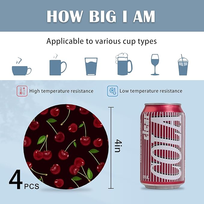 Coasters for Drinks,Red Cherry Cute Absorbent Coaster Set of 4 with Cork Base,Ceramic Drink Coasters for Cold Drinks Wine Glasses Cups Mugs,Housewarming Gifts for Home Decor