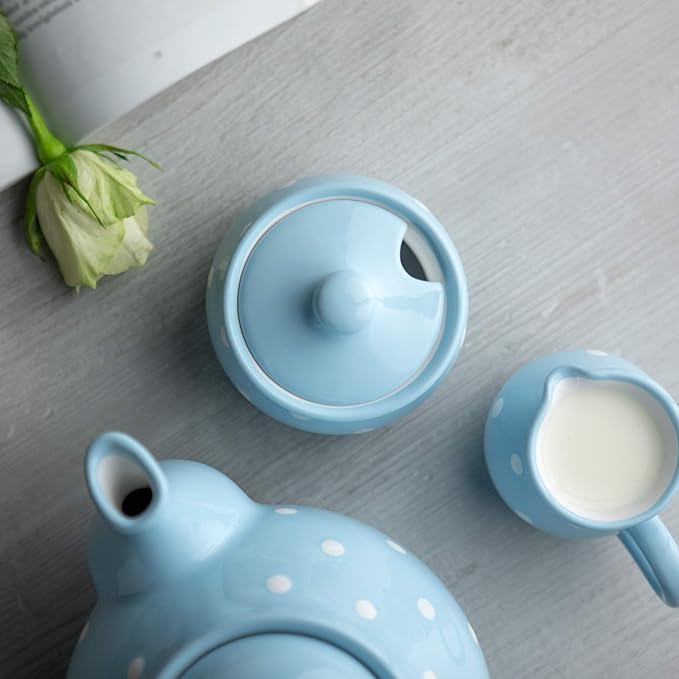 City to Cottage Ceramic Sugar Bowl with Lid, 10oz Contanier for Coffee Bar, Sugar Dispenser Bowl, Salt - Condiment Pot for Kitchen Counter, Handcrafted Sky, Baby Blue Polka Dot Sugar Jar