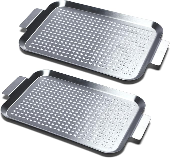 COOK TIME Grill Pan Set of 2, BBQ Grill Topper for Outdoor Grill, Stainless Steel Grilling Baskets with Holes and Handles, Perforated Food Tray Barbecue Accessories for Vegetable, Fish, Middle x 2