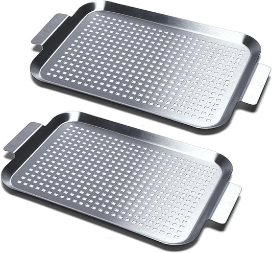 COOK TIME Grill Pan Set of 2, BBQ Grill Topper for Outdoor Grill, Stainless Steel Grilling Baskets with Holes and Handles, Perforated Food Tray Barbecue Accessories for Vegetable, Fish, Middle x 2