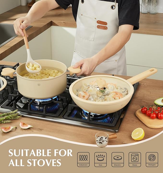 Wok with Lid, 5 Quart Wok Pan with Nonstick Cream Interior, Nonstick Wok with Cool-touch Heart-shaped Handles, Flat Bottom Woks with Lid, Deep Pan Induction Compatible, Cream Woks - 11 Inch
