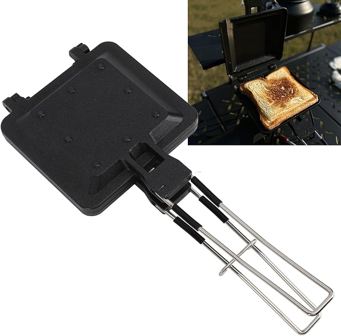 Double Sided Frying Pan, Aluminum Alloy Sandwich Grill Maker Breakfast Frying Pan with Foldable Handle, Nonstick Sandwich Panini Maker Pan for Camping Toaster Breakfast Omelette