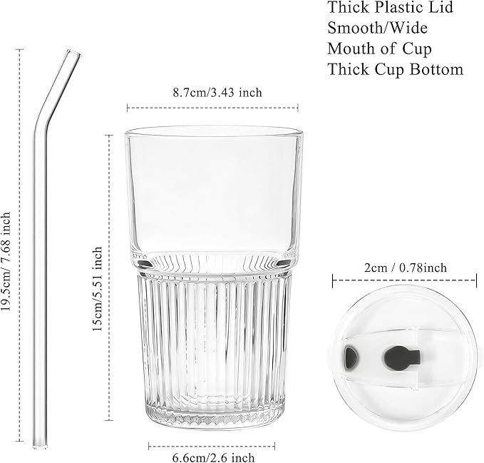 Ribbed 16 oz Glass Tumbler with Lids and Straws Ribbed Drinking Glasses Cup Leak Proof Iced Coffee Glass Set of 4 for Soda Smoothie Juice