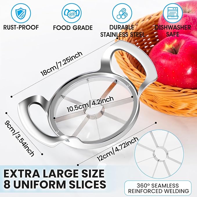 4.72 Inch Extra Large Apple Slicer with 8 Blades - Professional Heavy Duty Apple Cutter -304 Stainless Steel Apple Corer Tool - Sharp Apple Slicer and Corer - Easy to Use - Dishwasher Safe