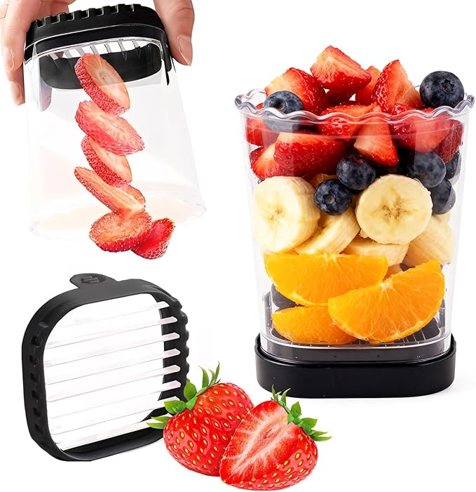 Strawberry Slicer with Stainless Blades, Fruit Cup, Strawberries Cutter, Detachable and Easy Food Preparation Tool, Precision Slicing Gadget for Mushroom, Bananas, Grape, Mango and More