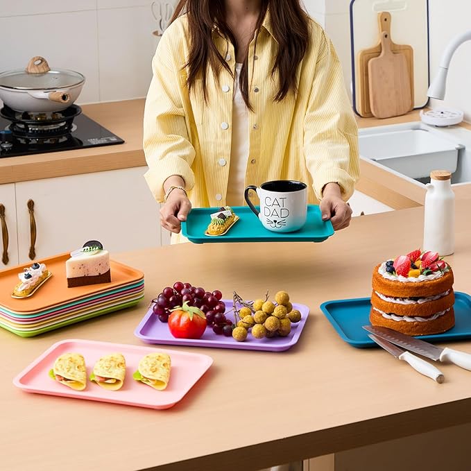 Mumufy Plastic Fast Food Trays Bulk Colorful Restaurant Serving Trays Cafeteria Rectangular Plastic Serving Platter Grill for Kitchen Restaurant Coffee(Bright Color,12 Pcs)