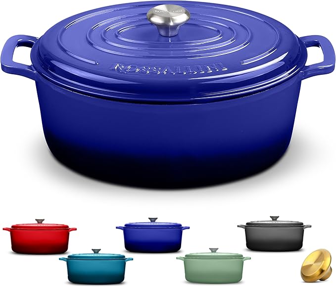 ROSSALLINI Signature Enameled Cast Iron Oval Dutch Oven | Non-Stick Serving Pot with Tight Fitting Lid for Perfect Roasting, Baking, Sauteing, and Bread Making | 15.5Q [Indigo Blue]
