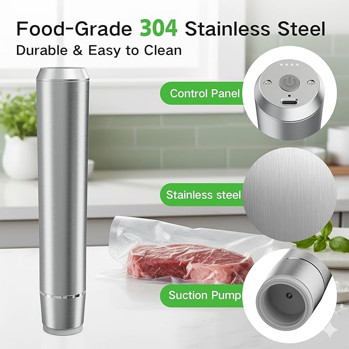 Vacuum Sealer for Food, Premium Stainless Steel Cordless Vacuum Sealer Machine with 10 Reusable Vacuum Bags, Compact Handheld Food Preservation System for Kitchen, Long-Lasting Freshness