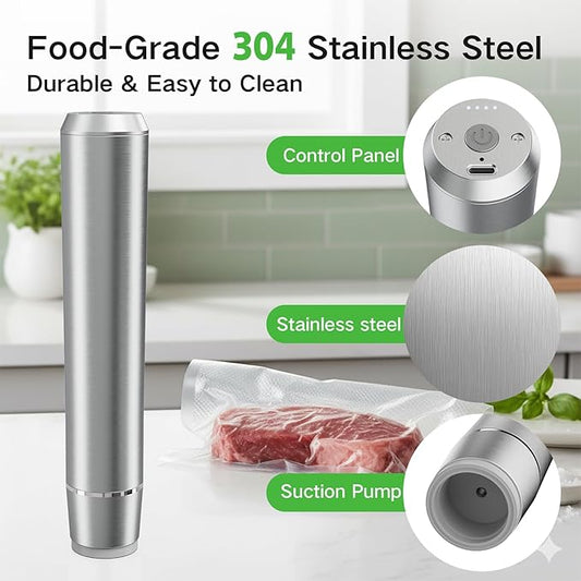 Vacuum Sealer for Food, Premium Stainless Steel Cordless Vacuum Sealer Machine with 10 Reusable Vacuum Bags, Compact Handheld Food Preservation System for Kitchen, Long-Lasting Freshness