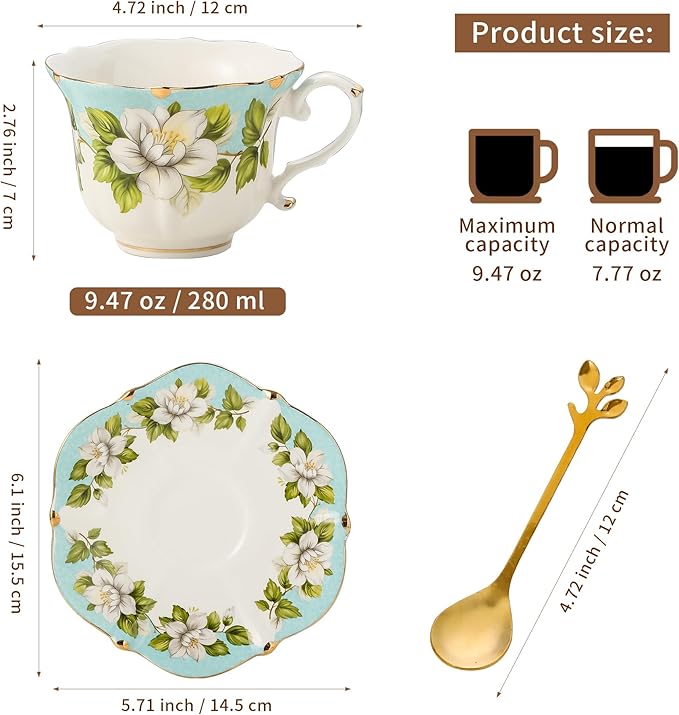 TATSUMI Country Roses Bone China Tea Cup and Saucer Set, 3 Pieces, Vintage Style, For Women and Tea Parties(Light Green, 1 set)