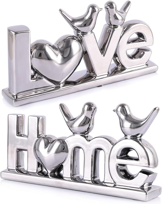 Love Sign Decor,Gold Room Decor Aesthetic, Knick Knack Shelf,Bird Decor, Boho Bookshelf,Abstract Statue,for Living Room,Bedroom, Contemporary Tv Stand Set of 2 (2, Silver Plated)