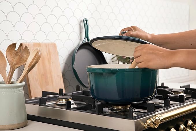 Larder & Vine 4-Piece Enameled Cast Iron Set, Oven Safe and Suitable for All Cooktops – includes 5.7 Quart Dutch Oven Pot with Lid and 2.2 Quart Saucepan with Lid (Bondi)