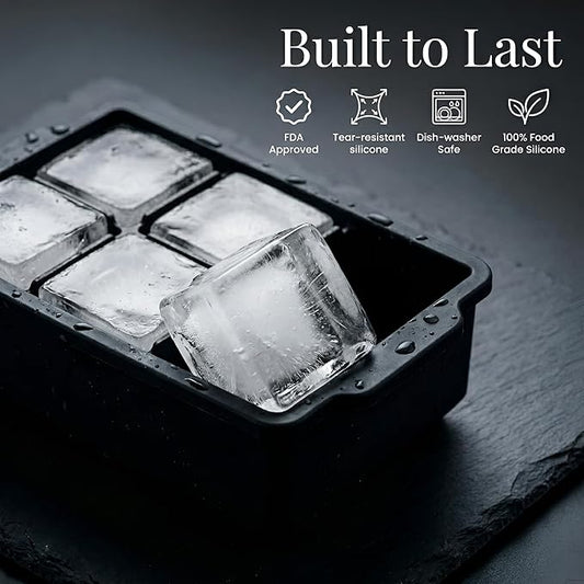 KitchFort Large Silicone Ice Cube Tray (3-Pack), Easy Release 2" Big Ice Cubes - Cocktail, Whiskey Ice Cubes Mold - Ice Trays for Freezer with Lid - Stackable Silicone Ice Tray - Black