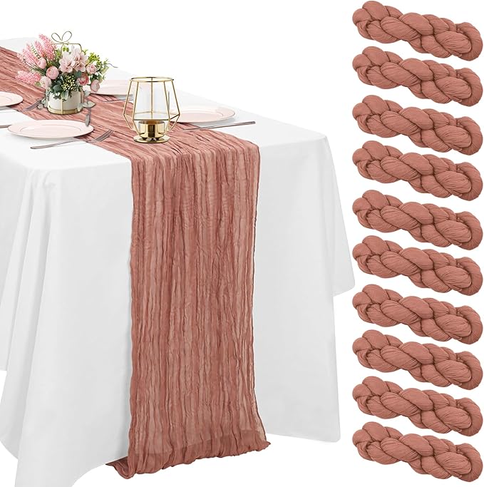 10 Pack Dusty Blush Cheesecloth Table Runner 6FT Boho Gauze Fabric Table Runner Vintage Rustic Sheer Runners for Wedding Party Bridal Baby Shower Long Table Decorations