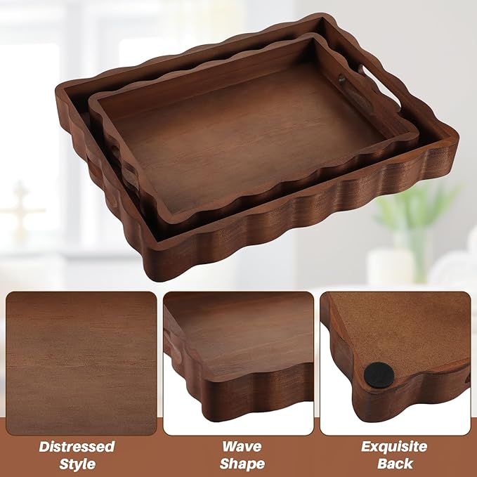 Novabright 2 Pack Solid Scalloped Wood Serving Trays with Handle, 2 Size Rectangular Wavy Edge Decorative Tray Rustic Wooden Food Tray for Breakfast Coffee Table Kitchen Living Room Entryway Decor