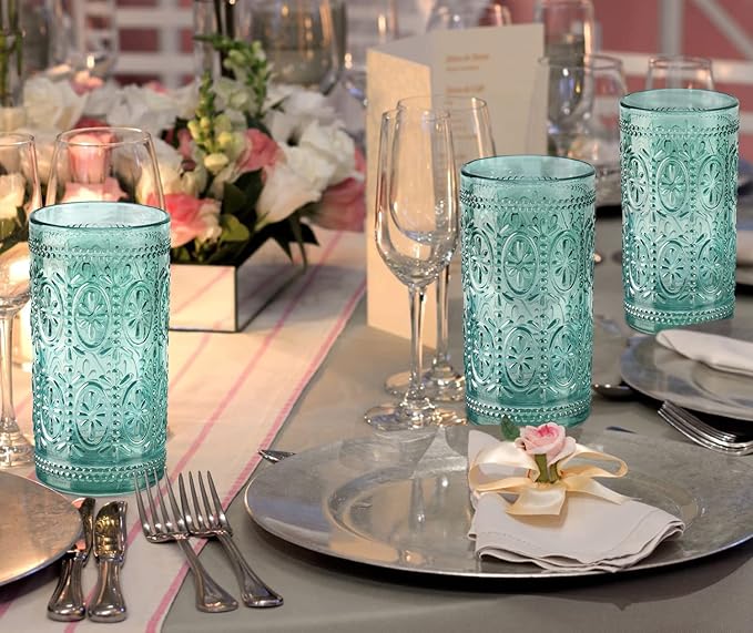 6 Pack Highball Embossed Beverage Glass Cup, 12oz Green Glassware Drinking, Vintage Drinking Glasses, Colored Water Glasses for Party Wedding Home Office and Gift