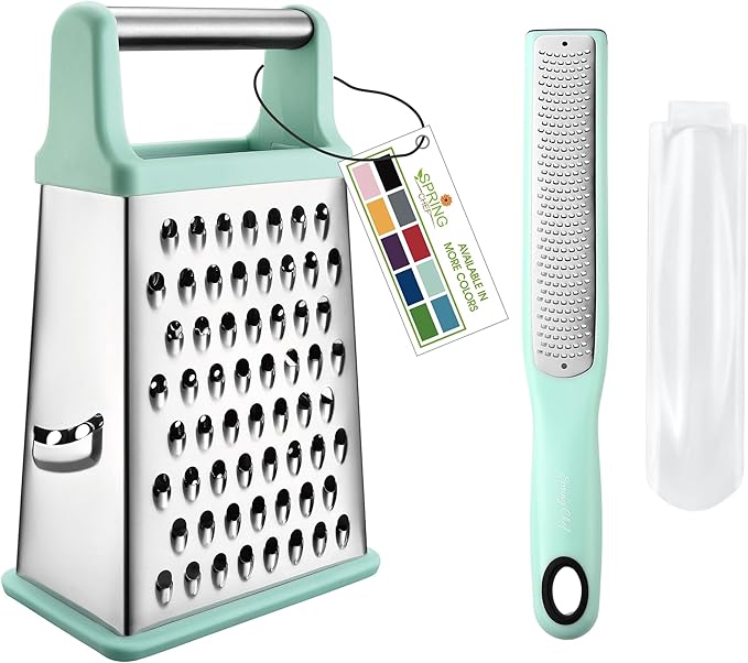 Spring Chef Stainless Steel XL Box Grater & Premium Lemon Zester with Handle - 2 Product Bundle - Mint