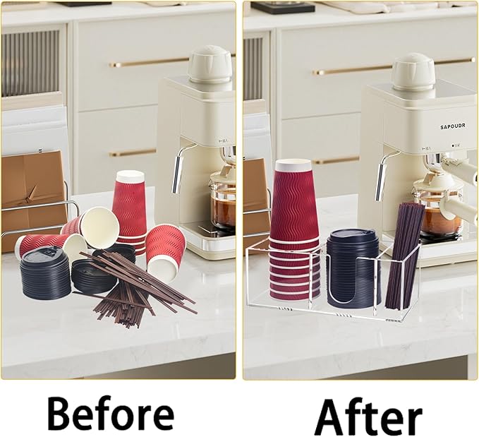 Coffee Bar Accessories and Organizer, Disposable Cup Holder for Countertop, Acrylic Storage and Organization for Cup Lid Stirrers Pod, Farmhouse Table Decor