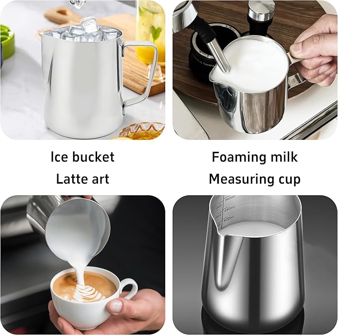 Stainless Steel Measuring Cup with Pour Spout, Metal Pitcher with Oz and ML Markings, Ergonomic Handle for Kitchen Baking and Coffee (20OZ/ 600ML- 2.4 Cup)