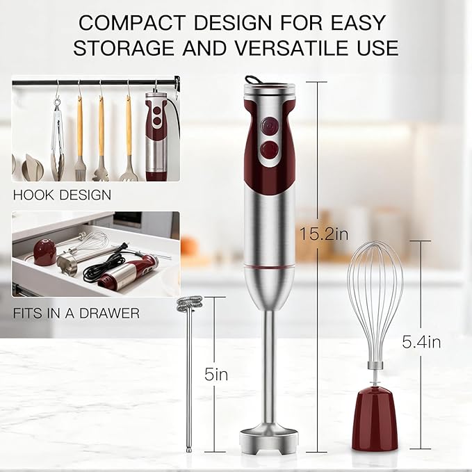 3- in-1 Immersion Hand blender, Powerful MOTOR & Stainless Steel Stick Blender, 4 Sharp Blades with Whisk, Milk Frother Attachments