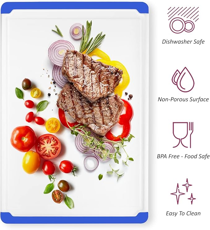 Large Cutting Boards for Kitchen - Dishwasher Safe Non-Slip Cutting Boards with Juice Grooves, Easy Grip Handles - Large and Thick Chopping Board Blue