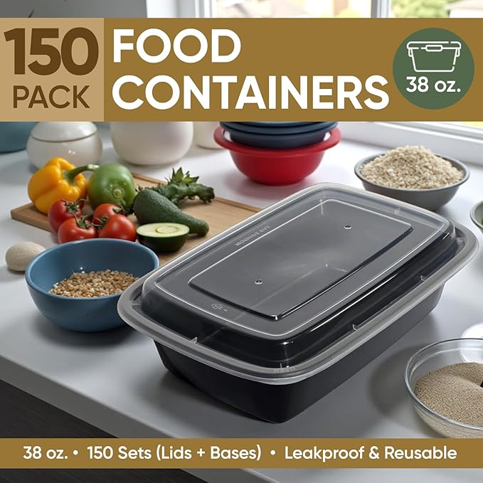 38 oz 150 Pack Meal Prep Containers BPA Free Leakproof Stackable Food Storage Containers with Lids, Microwave & Dishwasher Freezer Safe Reusable To Go Containers Bento Box Style Take Out Clear Plastic