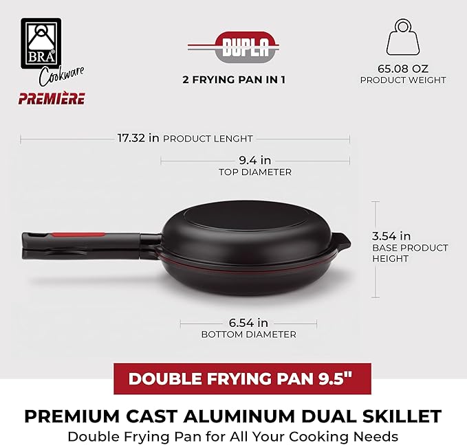 BRA COOKWARE Premiere Dual Skillet | 9.5 inches Double Frying Pan for Frittatas & Spanish Omelets | PFOA Free Triple Nonstick Coating | Full Induction Reversible Pan | Cast Aluminum Flip Skillet