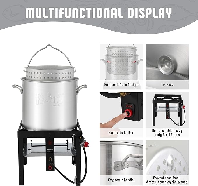 Feasto 60 QT Seafood Boil Pot with Basket and Burner, Aluminum Seafood Boil Pot and Burner Kit with 100,000 BTUs Output and 10 PSI Regulator for Cooking Crawfish, Shrimp, Crab, CSA Certified