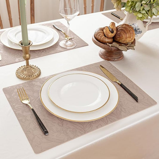 Romanstile Vinyl Placemats Set of 6-12 X 17 Inch - Heat Resistant Non-Slip Embossed Floral Place Mats 100% Waterproof Oilproof Wipeable Faux Leather Table Mats for Kitchen/Dining/Party, Khaki