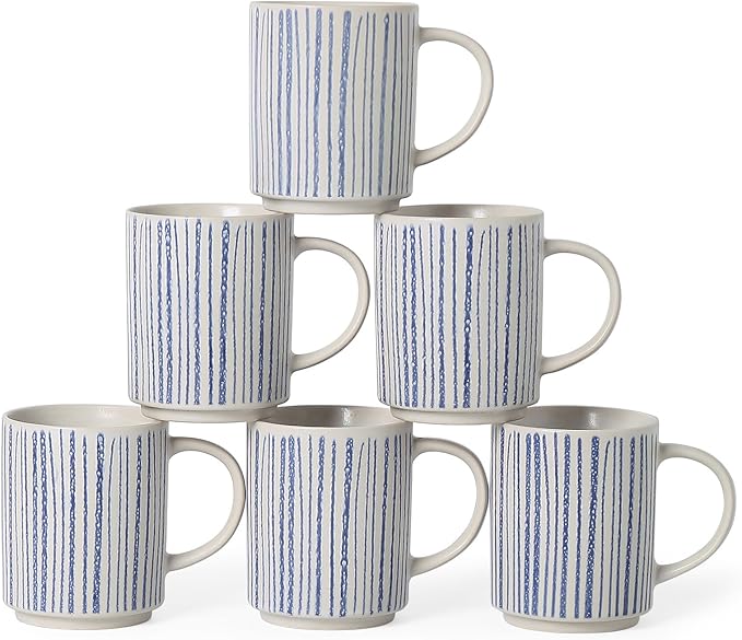Ceramic Mugs Set of 6, Modern 17oz Coffee Mugs, Stackable Coffee Cups with Handpainted Blue Stripe Pattern, Dishwasher and Microwave Safe Mugs for Home & Office