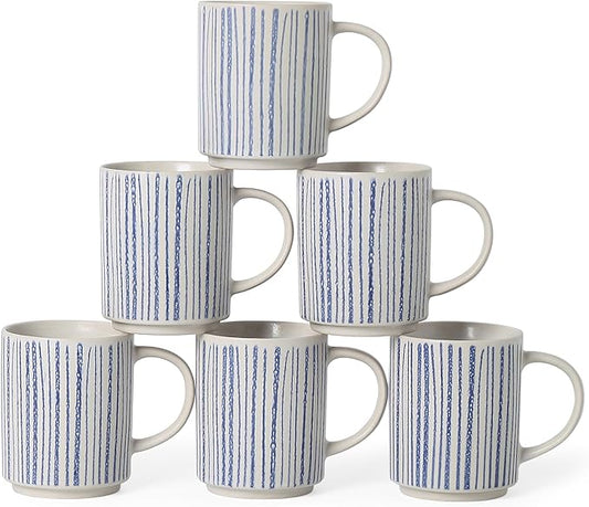 Ceramic Mugs Set of 6, Modern 17oz Coffee Mugs, Stackable Coffee Cups with Handpainted Blue Stripe Pattern, Dishwasher and Microwave Safe Mugs for Home & Office