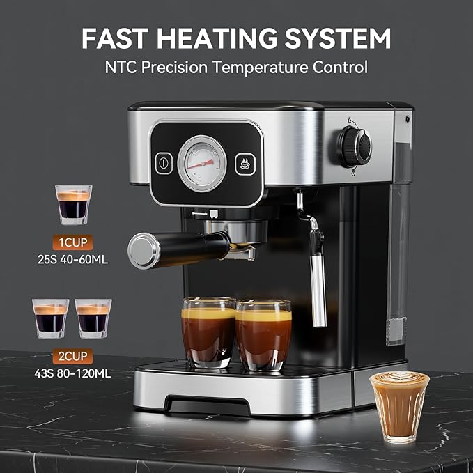 TINTALK Espresso Machine 20 Bar with Steam Milk Frother, Stainless Steel Coffee Machine with Removable Water Tank for Cappuccino,Latte, Compact Stainless Steel Coffee maker for home,Great Gift