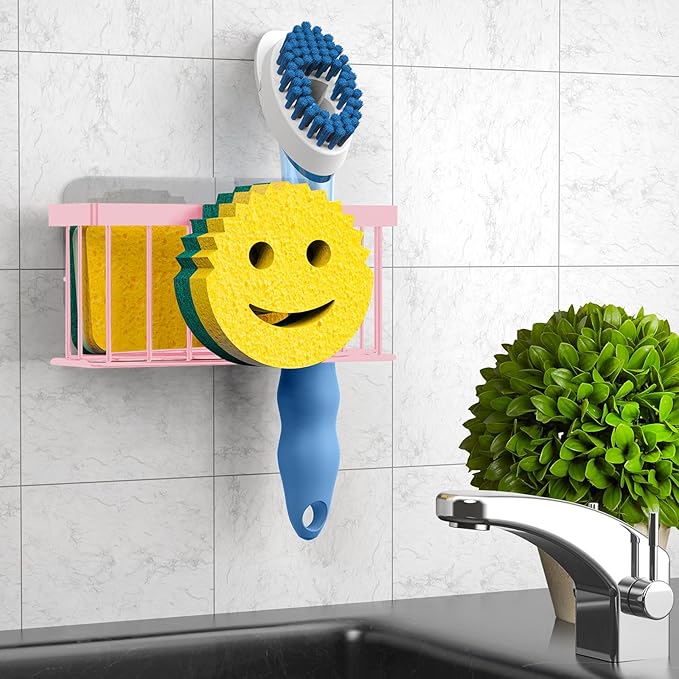 Sponge Holder Smiley Face, Sink Organizer with 2 Suction Cups/1 Adhesive Strips,Designed for Sponge,Soap,Dish Brush,Scrubber - Pink