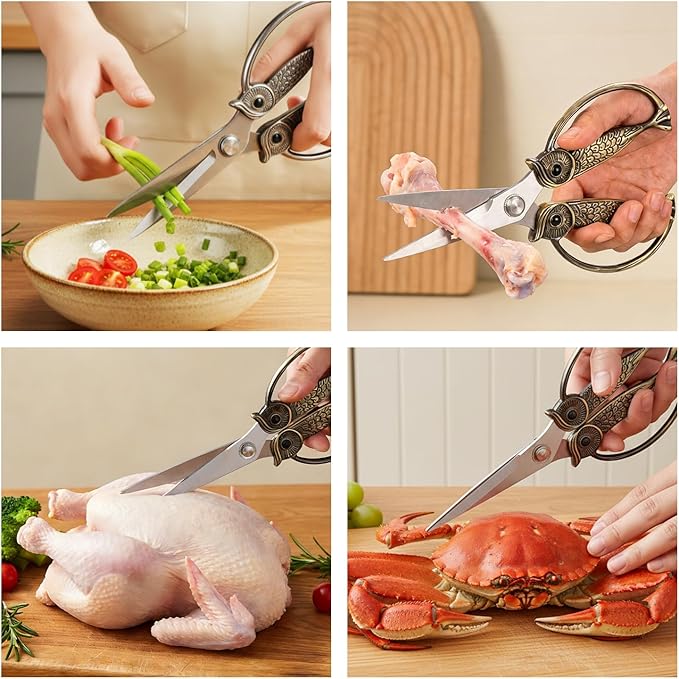 WARMHEART Owl Kitchen Scissors All Purpose, Stainless Steel Heavy Duty Sharp Shears for Meat, Chicken, Fish, Poultry, Herb, Bread (Pearl, Medium)