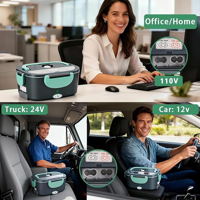 Electric Lunch Box for Adults, Electric Lunch Box Food Heater, Portable Food Heater for Travel/Home/Office,12V/24V/110V Heated Lunch Box,Loncheras para Hombres de Trabajo,GreyGreen