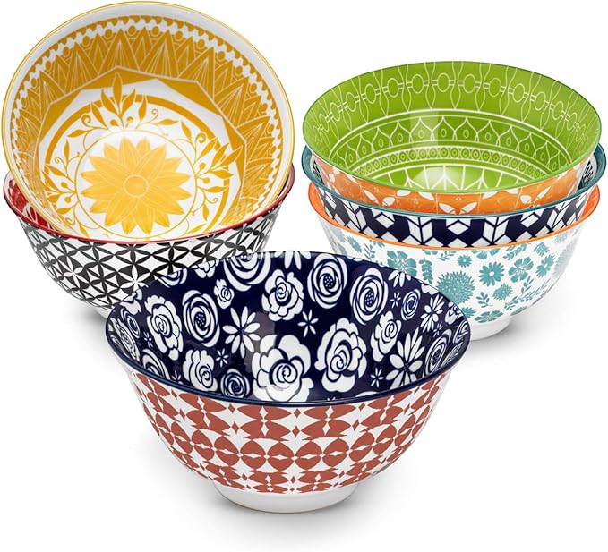 Annovero Cereal Bowl - Dishes for Serving Soup, Salad, Breakfast - Decorative Colorful Porcelain Bowls for Kitchen - Microwave, Dishwasher, Oven Safe - Zero Lead & Cadmium - 23 Oz - Set of 6