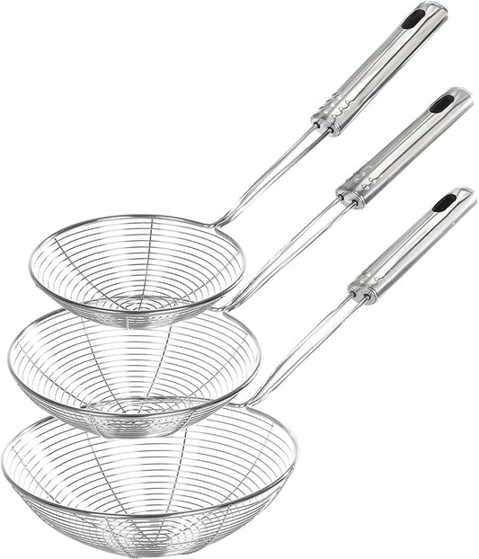 Enhanced Version Stainless Steel Spider Strainer Skimmer Ladle, Set of 3 Sizes Kitchen Strainer Spoon for Cooking and Frying, Pasta Strainer, Food Preparation-32.5cm, 36cm, 38cm