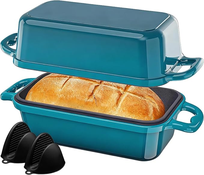DYCYRQ Enameled Cast Iron Sourdough Bread Dutch Oven, 9x5 Inch Loaf Cast Iron Bread Pan for Homemade Bread Baking, Sourdough Baking Pans, Meatloaf Pan with Lid, 2 Piece set, Emerald