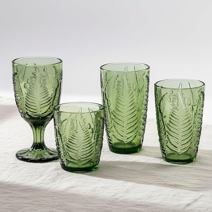 Vintage Green Drinking Glasses Set of 4, 10 oz Deep Textured Glass Cups, Fern Embossed Retro Glassware, Hand-Pressed Decorative Cocktail Tumblers, Boho Style Colored Drinkware Gift Set for Home & Bar