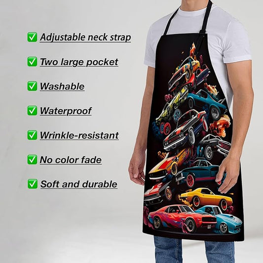 Muscle Cars Apron for Women, 28x33in, Kitchen Chef Aprons with 2 Pockets, Polyester, Black Vintage Sports Car Apron for Cooking BBQ Baking Gardening Chef, Gifts for Mom Wife Dad