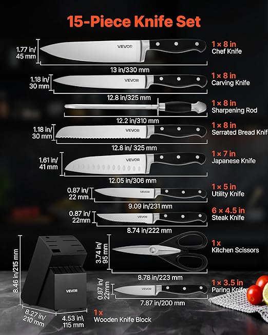 VEVOR Kitchen Knife Set with Block and Sharpener, 15 Piece High Carbon Stainless Steel Sharp Knife Set, Kitchen Cutlery with Crack-Resistant Handle, Sharpening Rod and Wooden Block, for Home Cooks