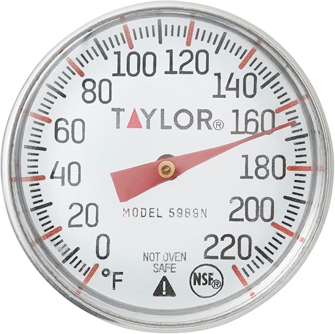 Taylor Instant Read Analog Meat Food Grill BBQ Cooking Kitchen Thermometer with Red Pocket Sleeve for Calibration, 1 inch dial, Stainless Steel