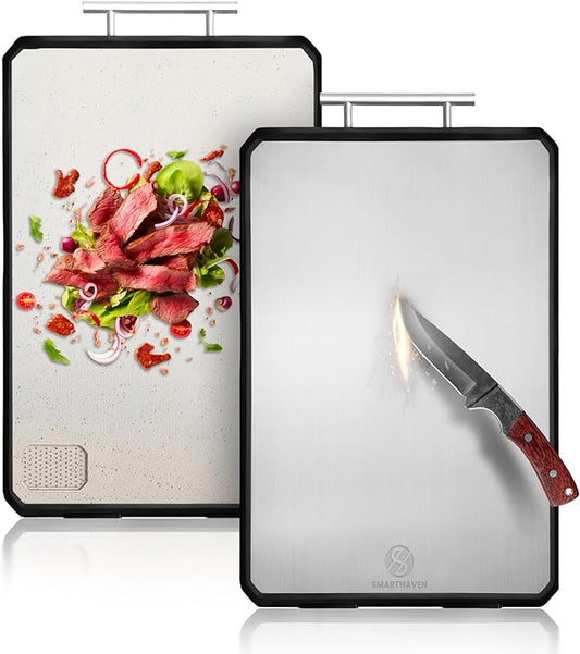 SMARTHAVEN Titanium Coated Stainless Steel Cutting Board, Professional Double-Sided Chopping Board with Wheat Straw PP, Food Grade, 42x31cm