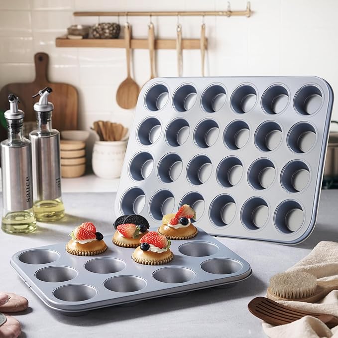 Acellegic 2 Set Mini Muffin Pans Carbon Steel Nonstick Bakeware for Oven Mini Cake Tart Quiche (12-cup&24-cup)
