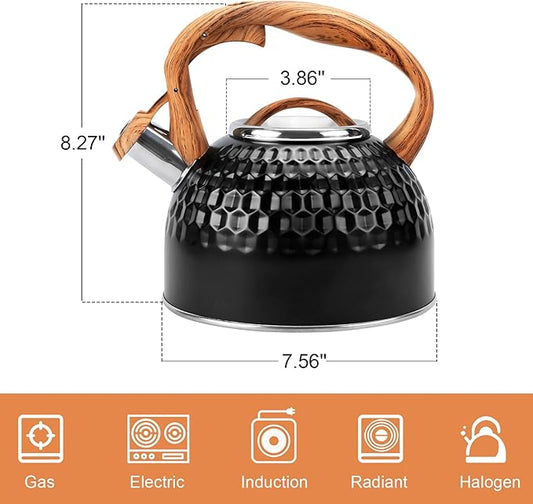 Whistling Teapot, 2.6 Qt 304 Food Grade Stainless Steel Tea Kettle with Heat-resistant Handle, Durable, not Rust，One-button Switch(BLack）