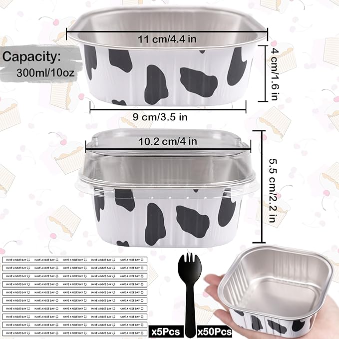 BZIDII 10oz Mini Cake Pans With Lids 50 Pack Aluminum Foil Square Brownie Baking Cups,4”x4” Disposable Loaf Pans With Lids and Spoons Stickers,Large Cupcake Pans Muffin Cake Tins Container(Cow Print)