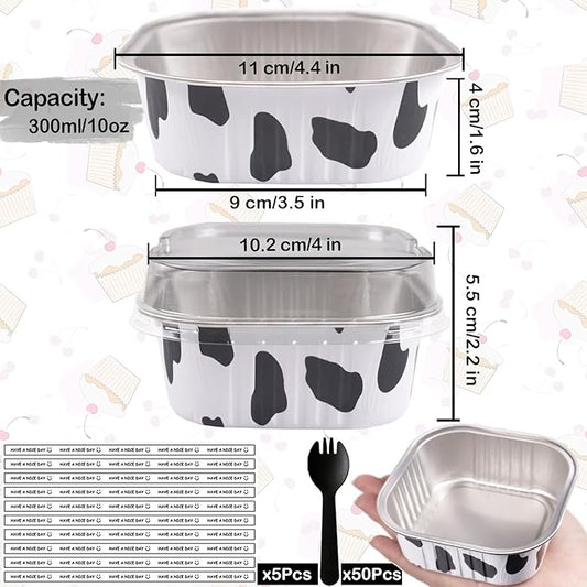 BZIDII 10oz Mini Cake Pans With Lids 50 Pack Aluminum Foil Square Brownie Baking Cups,4”x4” Disposable Loaf Pans With Lids and Spoons Stickers,Large Cupcake Pans Muffin Cake Tins Container(Cow Print)